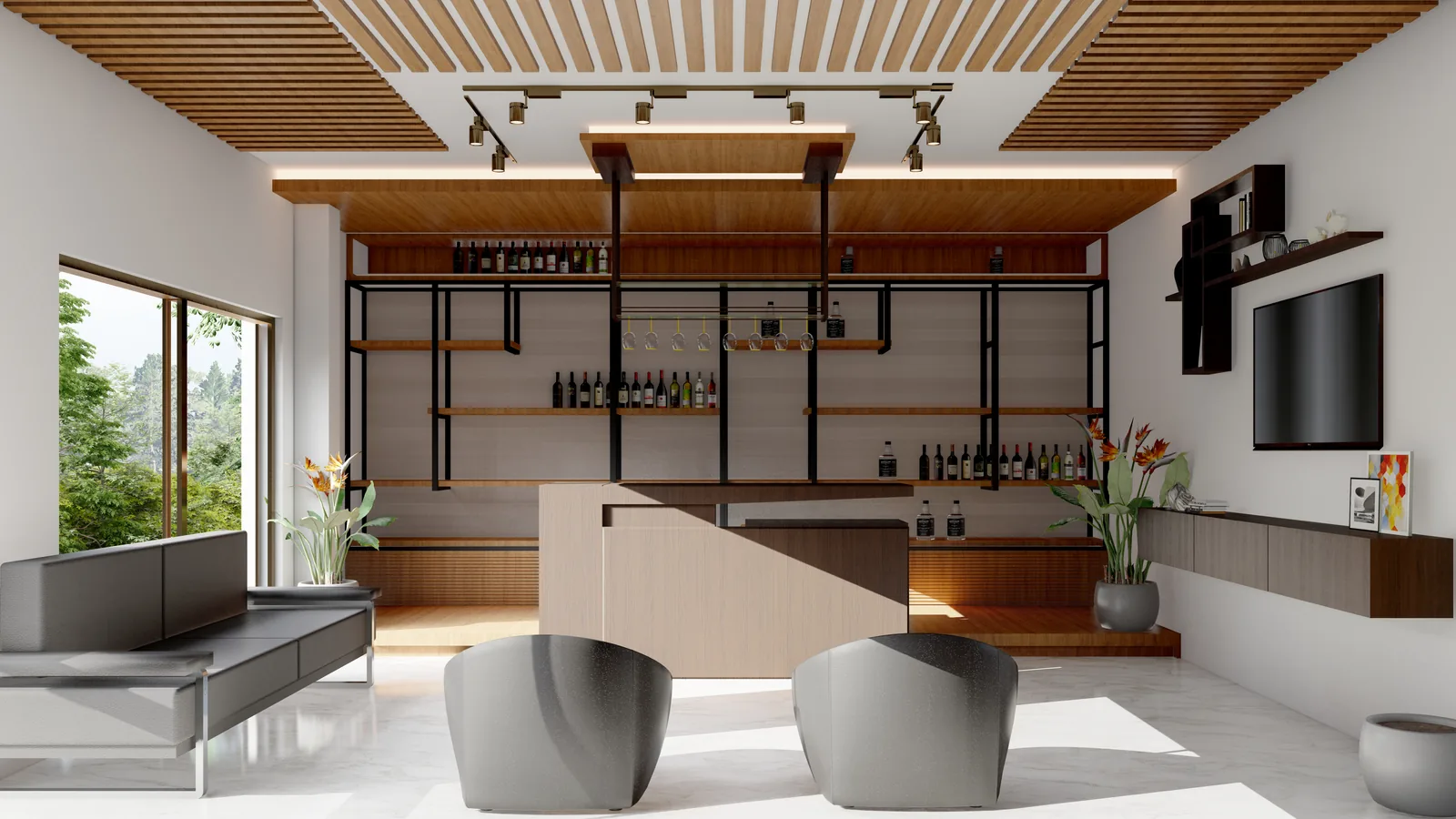 A games room with a bar and open shelving beneath a slatted timber ceiling