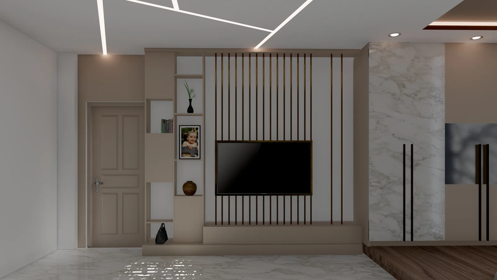 A living room with a screen on fluted panelling beside a panel of veined stone