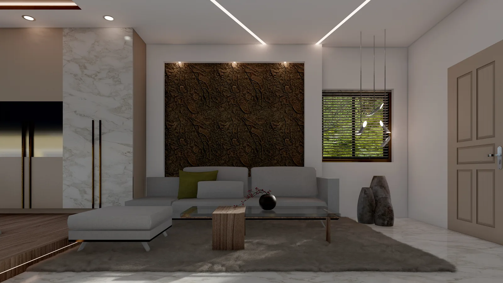 A living room with a textured feature wall, low seating and a corner window