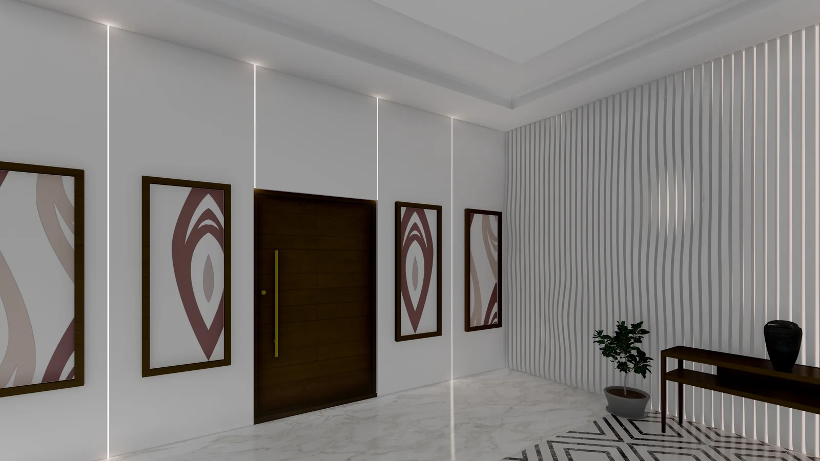 An entrance hall with framed art, a fluted screen wall and a console table