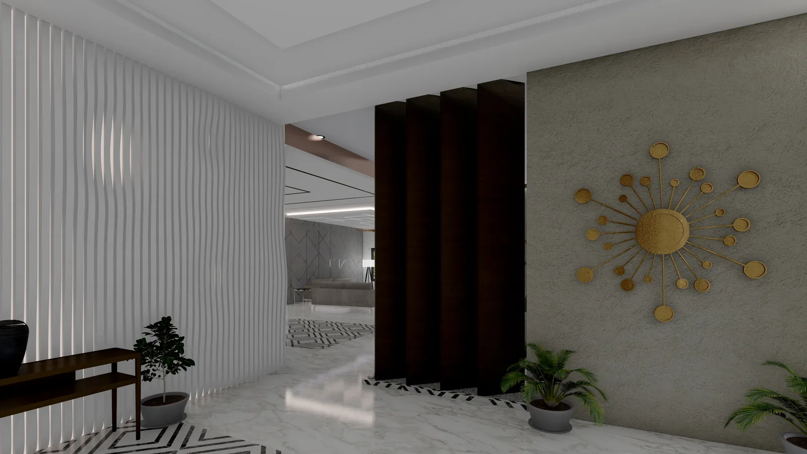 A hallway with a gilded sunburst wall piece beside dark drapery and planting