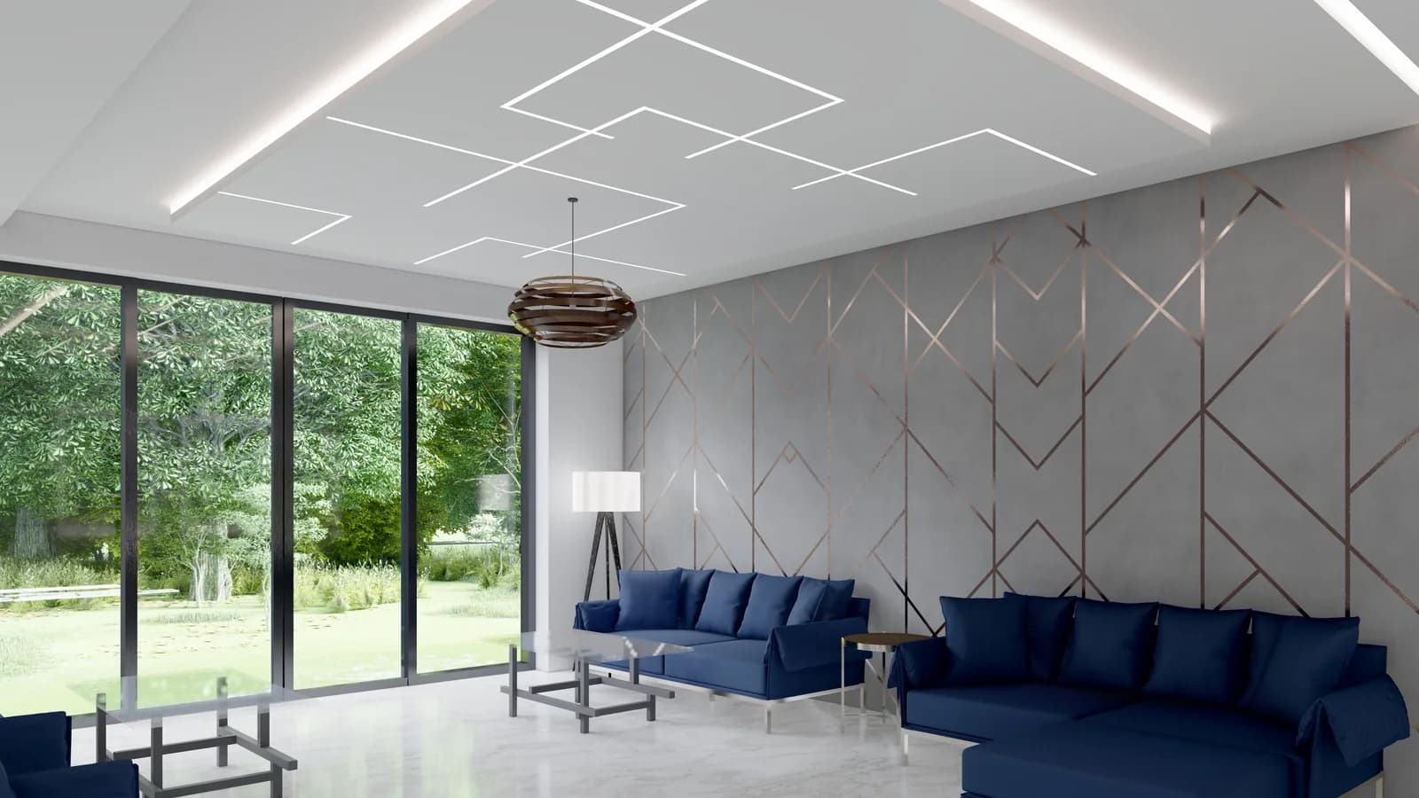 A living room with blue sofas set against a patterned wall panel and garden glazing