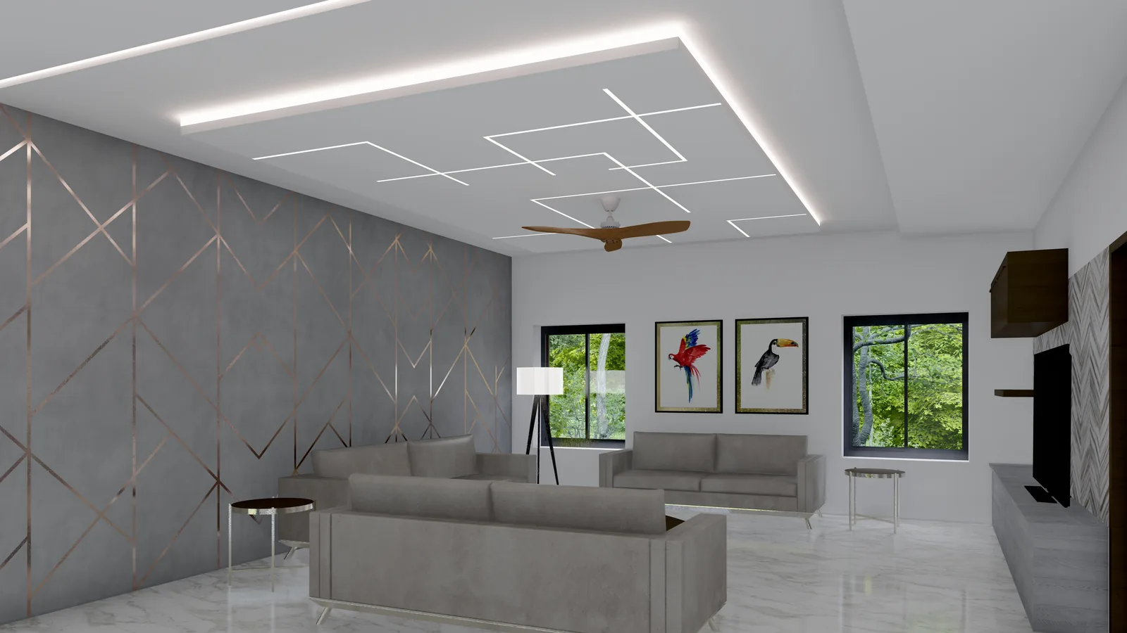 A living room with a patterned grey feature wall, framed prints and a corner window