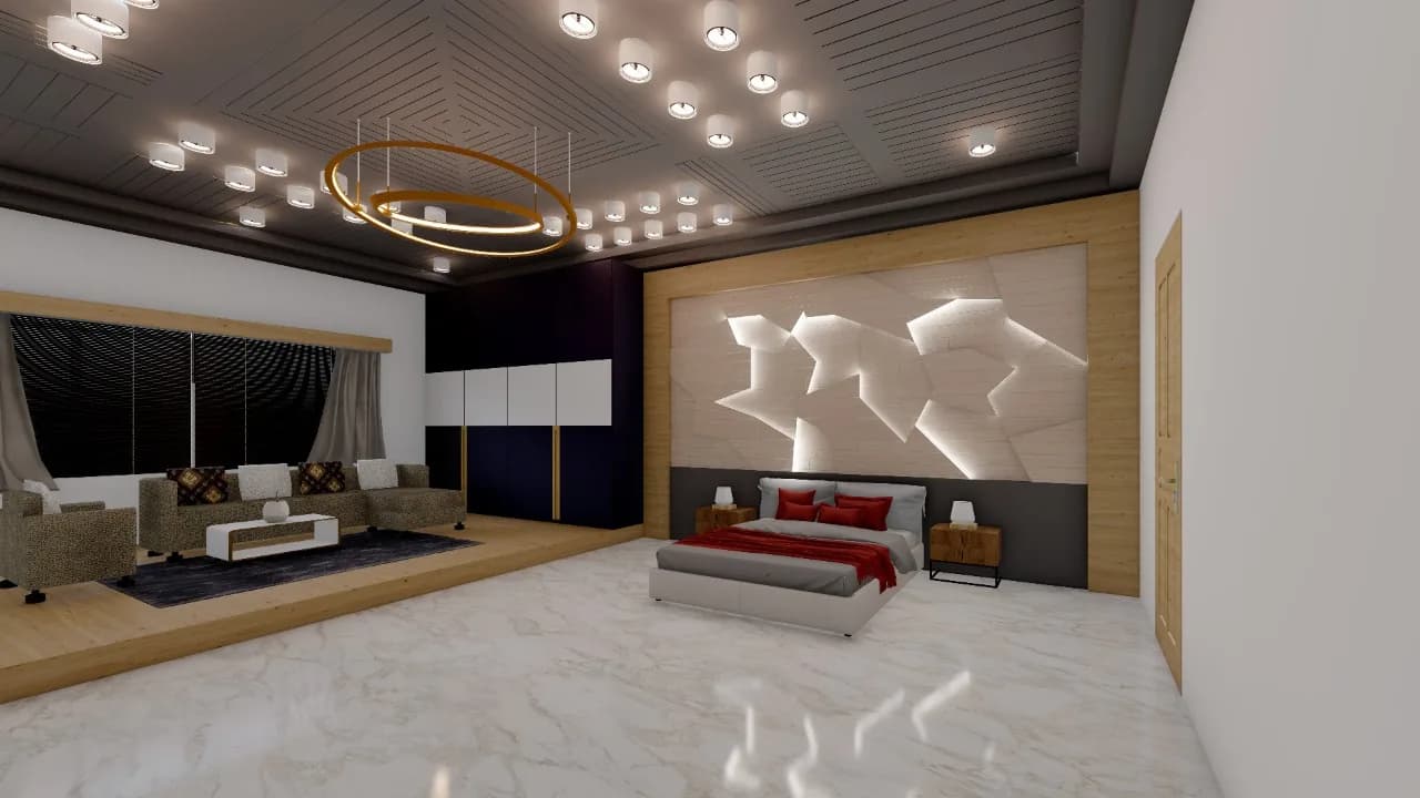 A bedroom with a ring chandelier and a sculpted, backlit wall panel