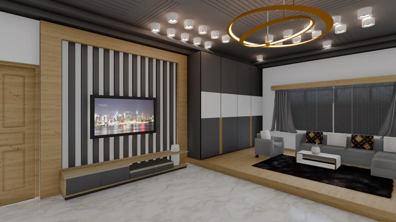 A bedroom with a screen set into a fluted grey media wall