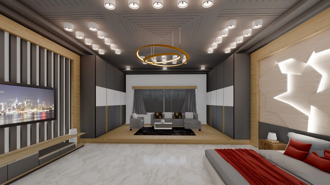 A bedroom with a ring chandelier, sculpted wall panel and red bed linen