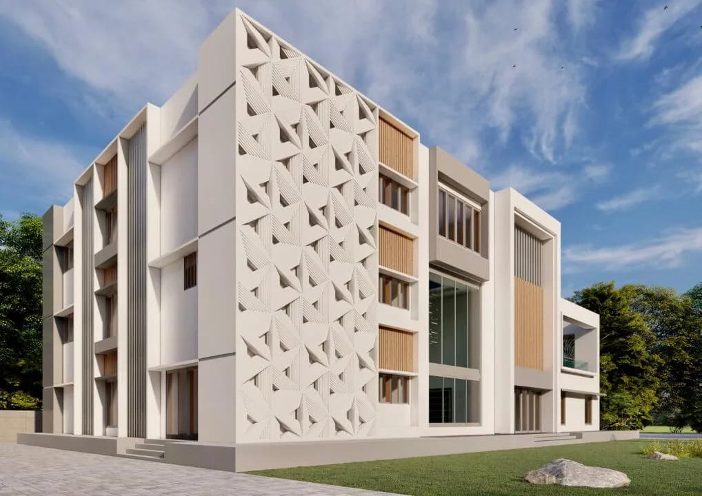 An apartment block with a perforated screen facade and timber-framed openings