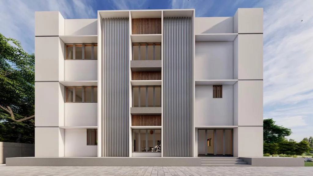 The front elevation of an apartment block with a bay of vertical fins