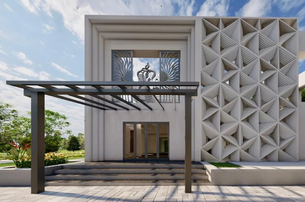 An entrance canopy set beneath a faceted screen wall