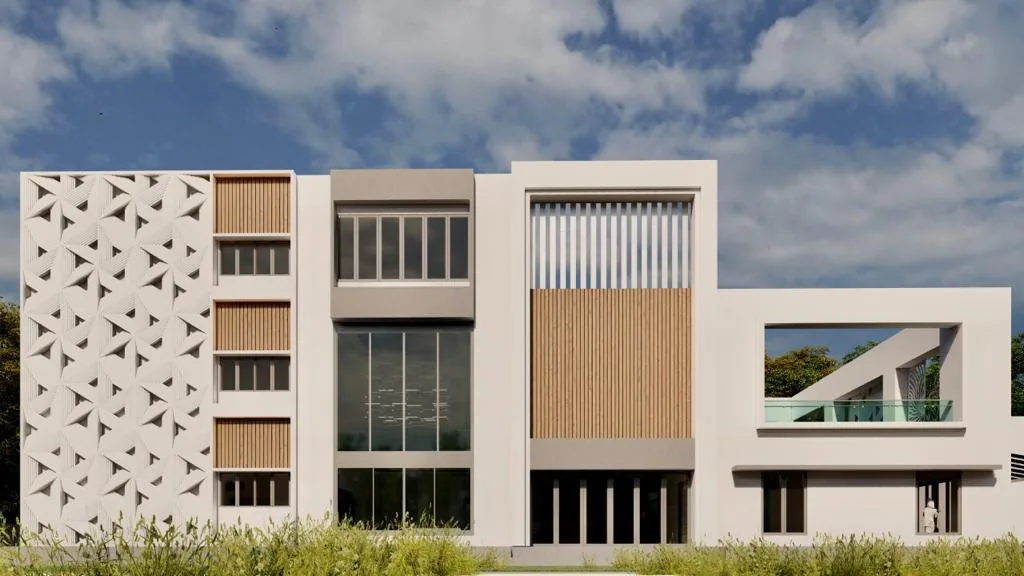 A long elevation combining a perforated screen, timber infill and recessed glazing