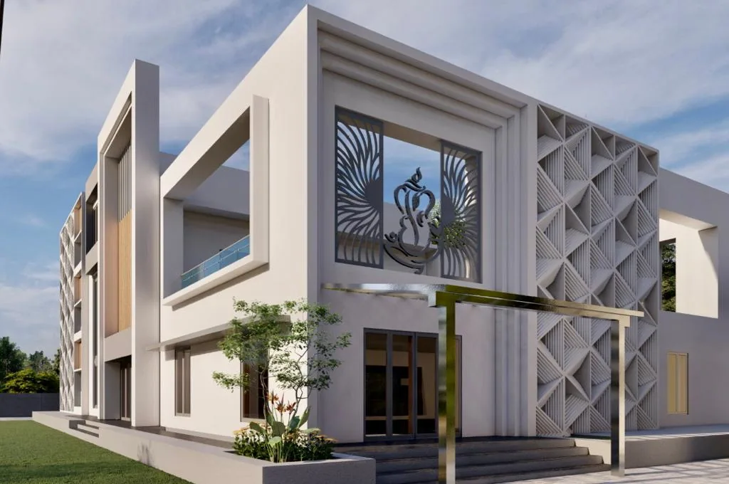 A corner view of the entrance canopy and the faceted screen facade above