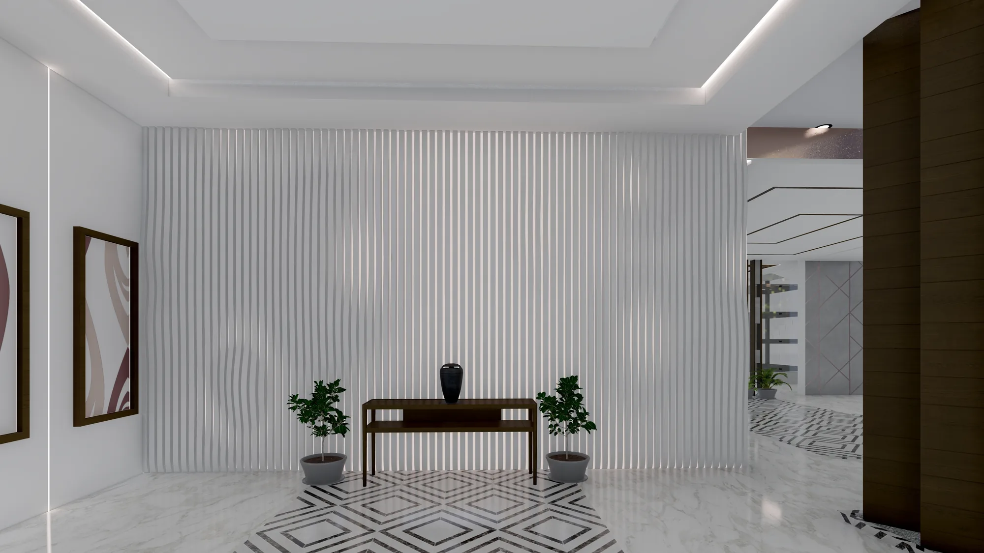 An entrance foyer with a fluted white wall behind a console table on a marble floor