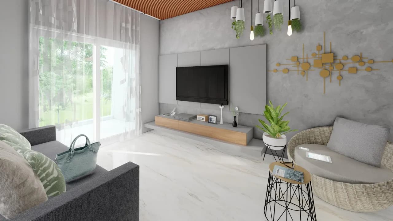 A living room with a grey plaster media wall above a floating timber console, on a white marble floor