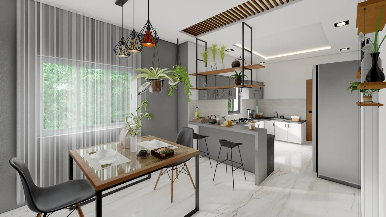 A dining table beside an open kitchen, with planters hanging from a slim black frame overhead