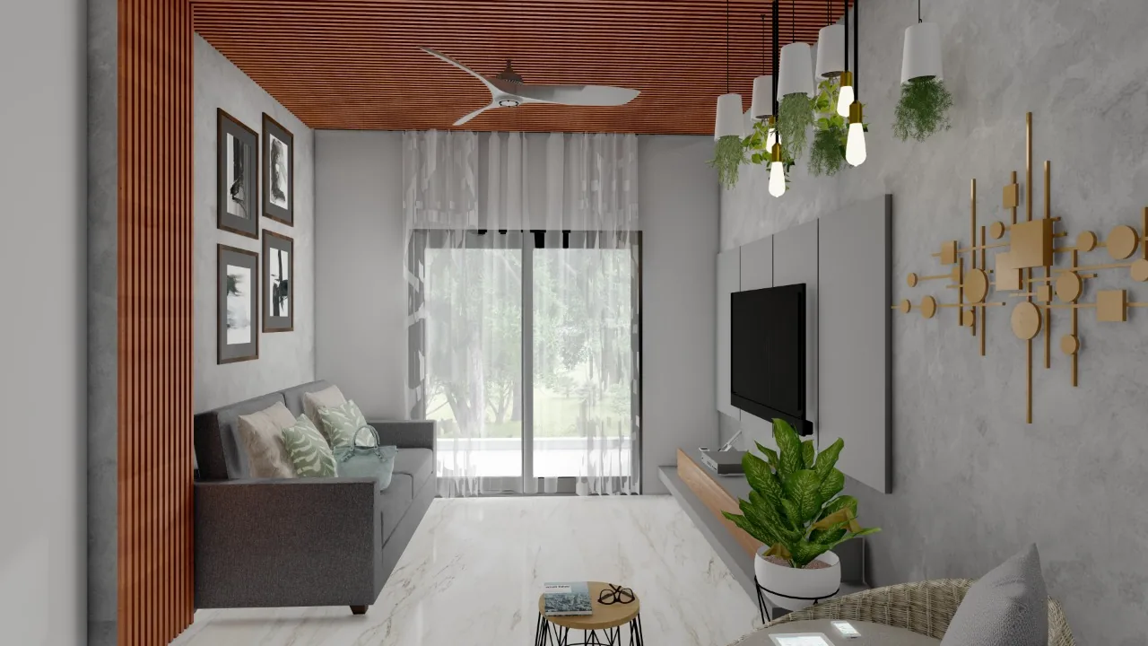 A living room under a battened timber ceiling, with sheer curtains drawn across full-height glazing