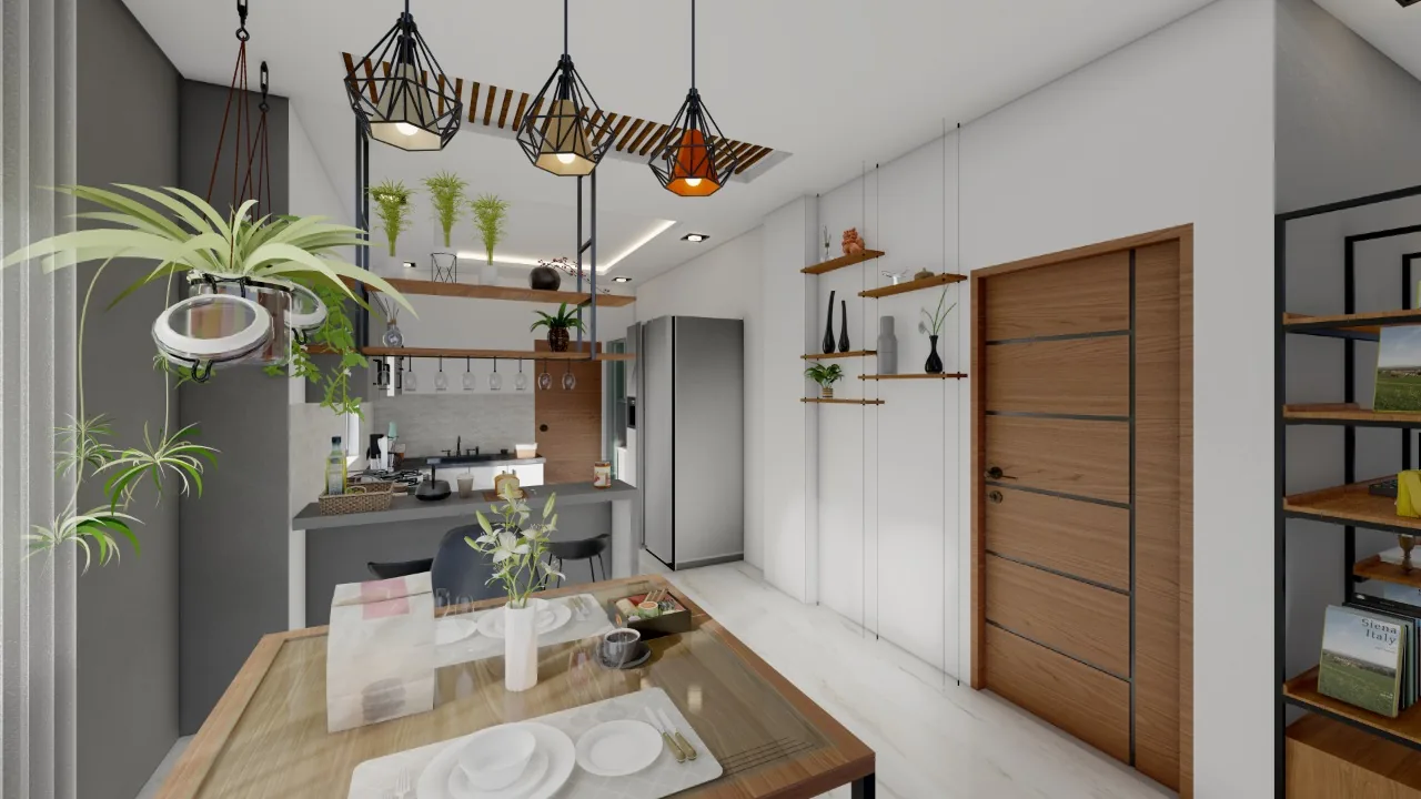 A kitchen with a breakfast counter, open timber shelves and planting overhead