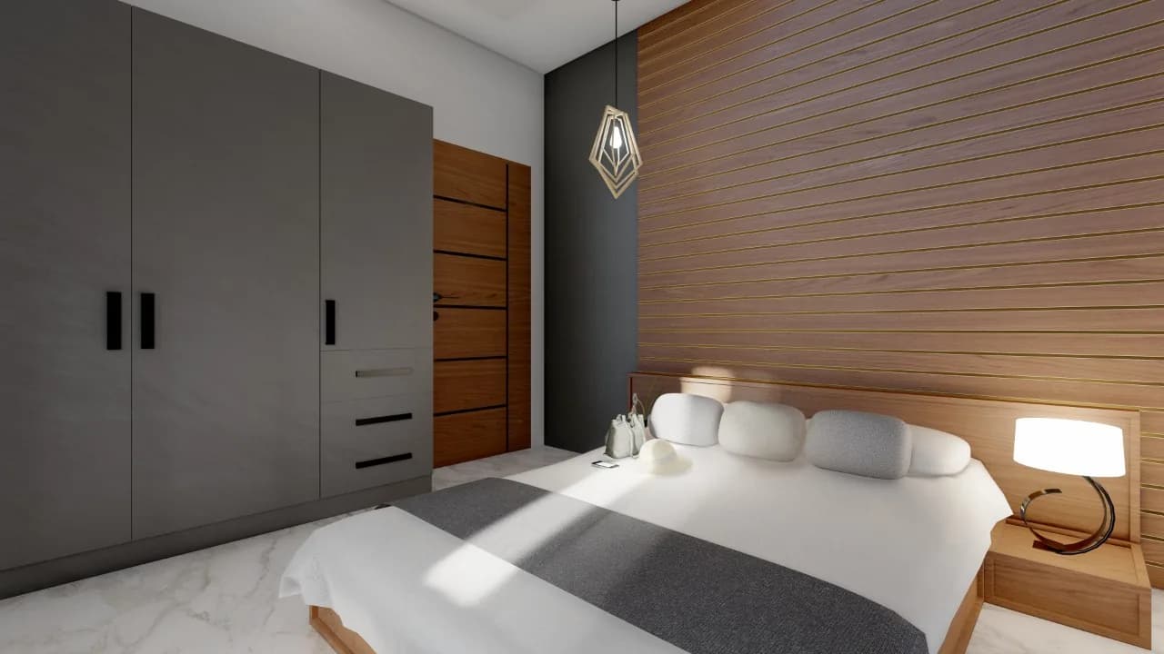 A bedroom with a reeded timber head wall, morning light falling across the bed
