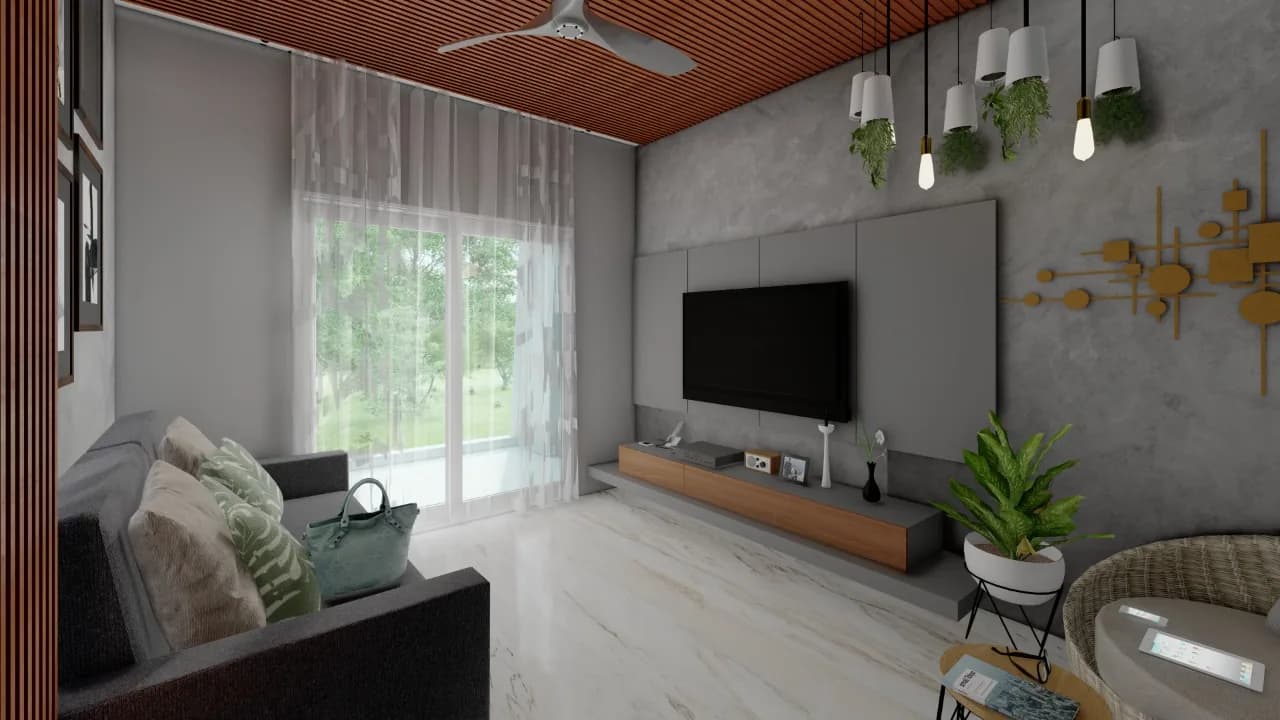 A living room with a screen on a concrete-toned wall beneath a timber-battened ceiling