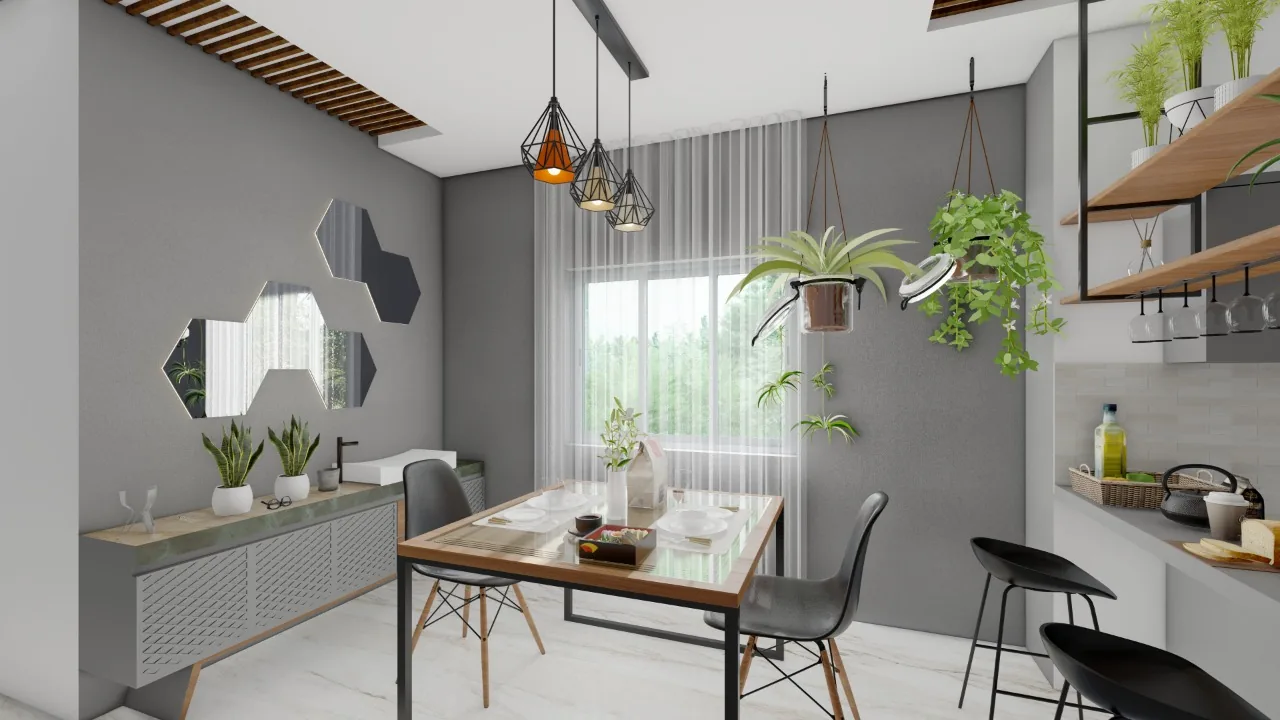 A dining area with cluster pendants, open shelving and trailing planting