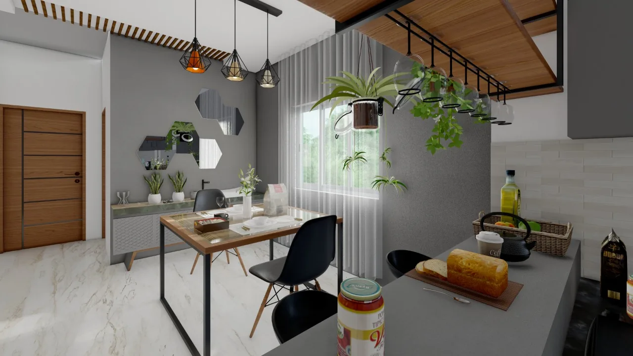 A kitchen and dining area with an island beside a rack of hanging plants