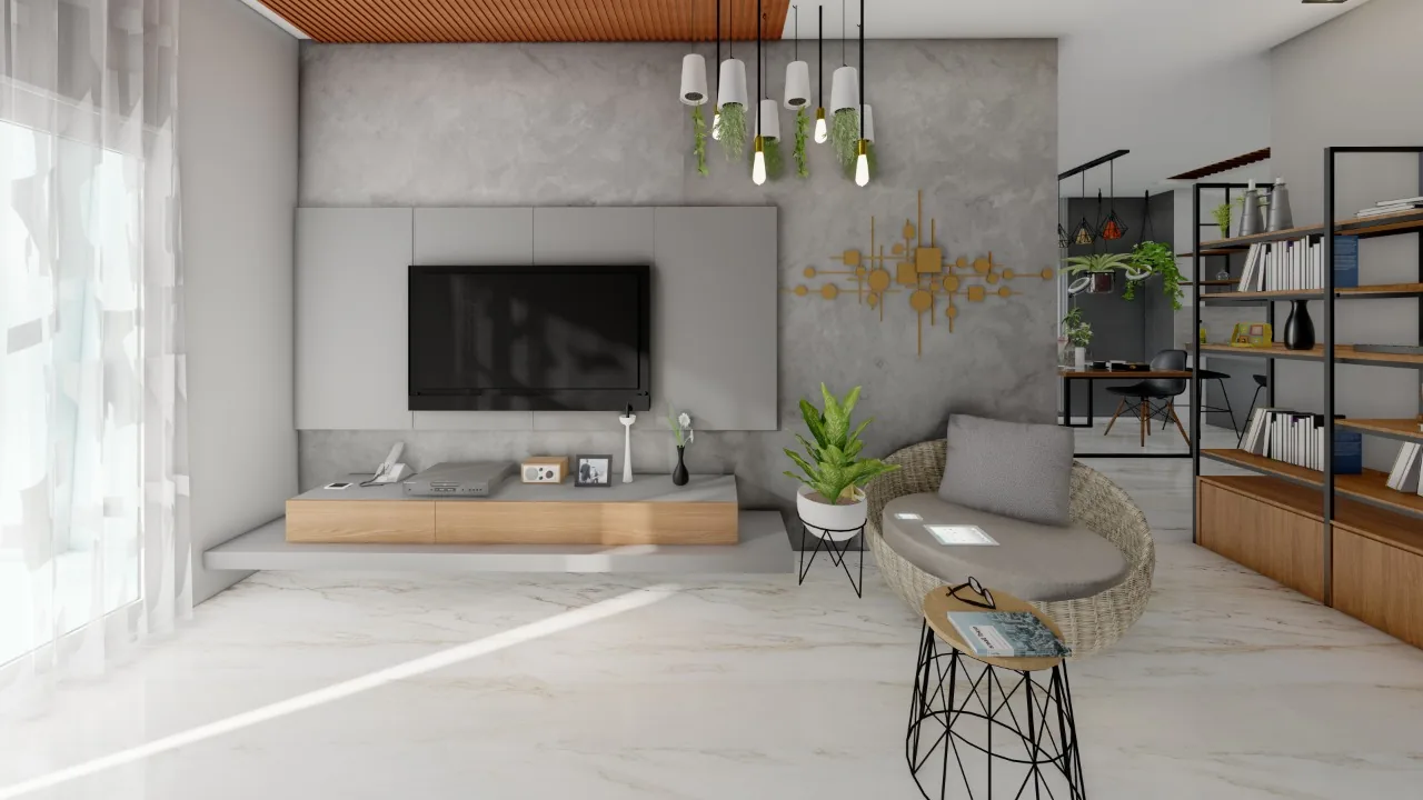 A living room with a screen above a timber media ledge and a black shelving frame