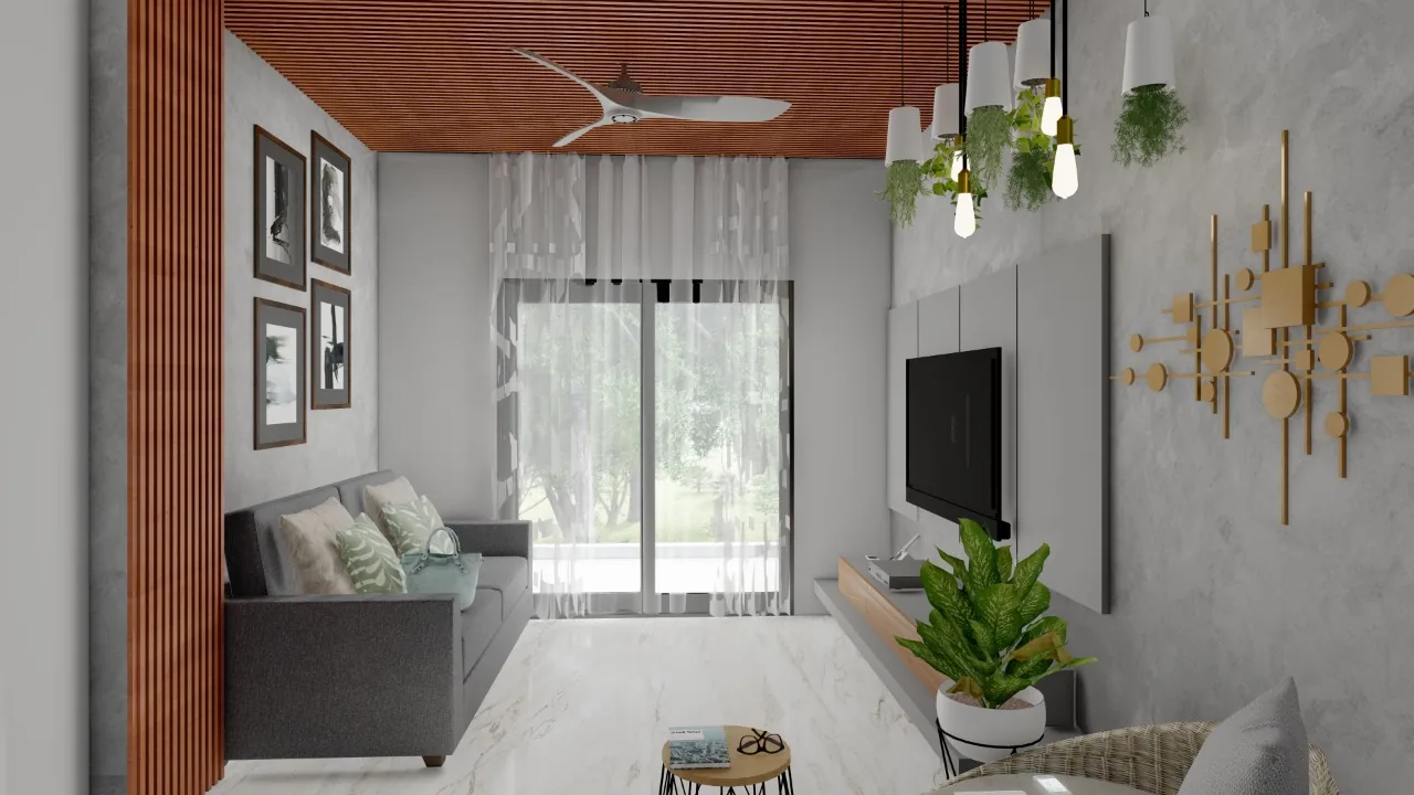 A living room with a gilded wall piece, framed prints and a sheer-curtained window