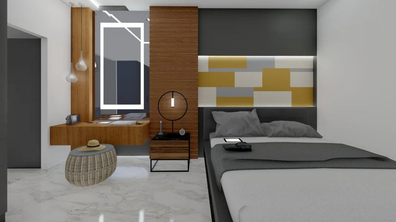 A bedroom with a colour-blocked headboard panel and a timber dressing niche