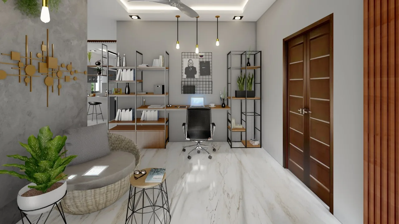 A study with slim open shelving, a timber desk and a pale marble floor