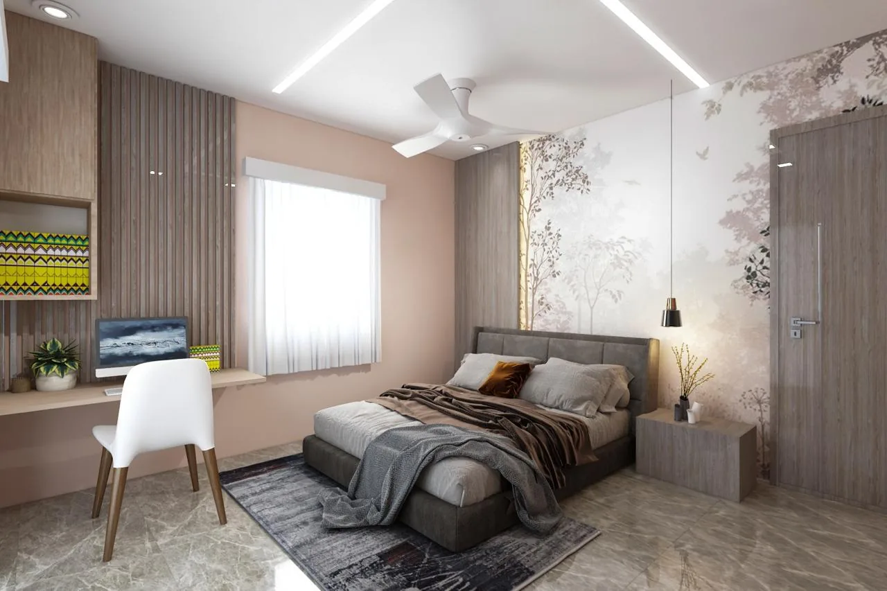 A bedroom with a painted botanical mural and a slim pendant hanging beside the bed