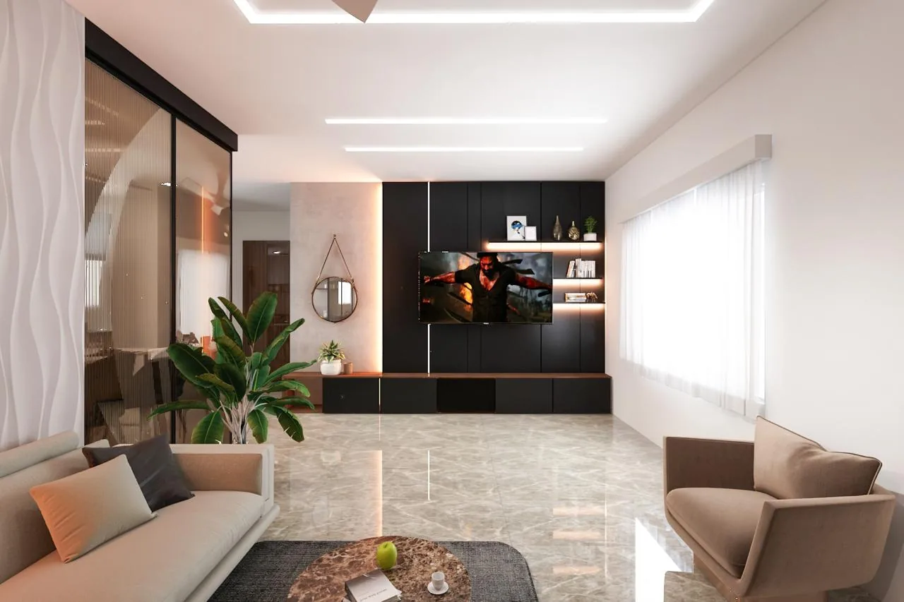 A living room with a dark media wall running along a polished marble floor