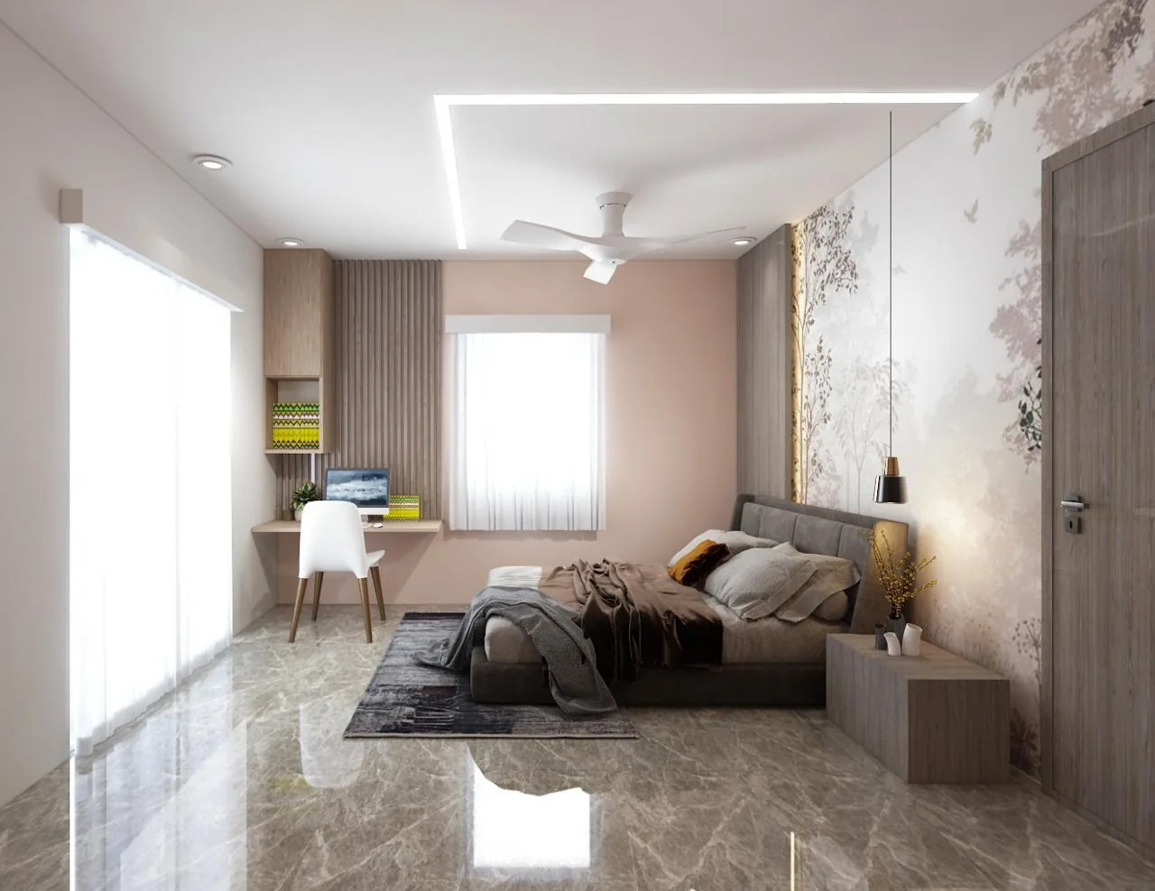 A bedroom with a distressed plaster feature wall, a study desk and a ceiling fan