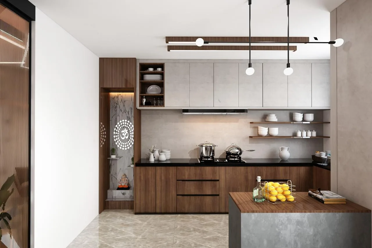 A kitchen with a track of exposed pendants above the island and open shelving