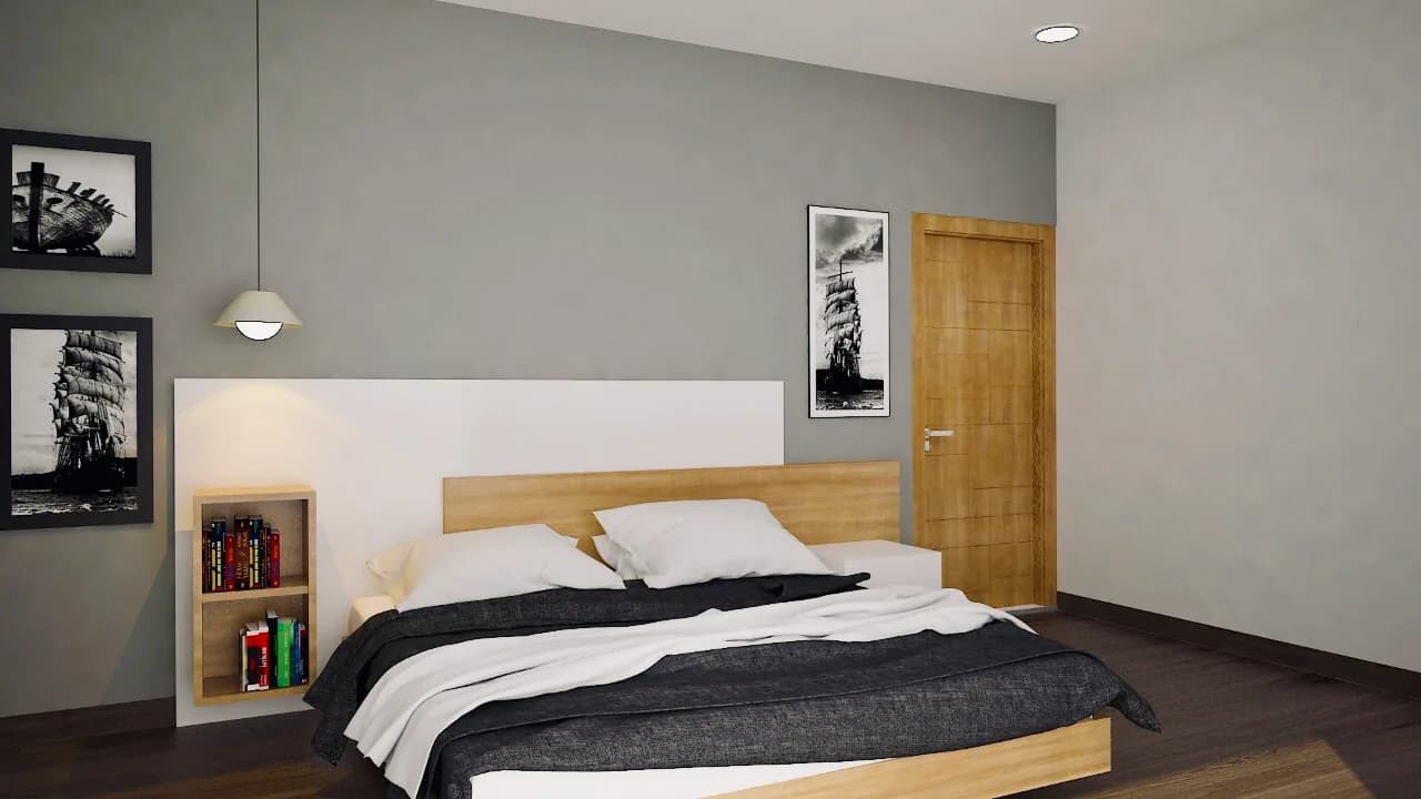 A bedroom with a wide oak headboard against an olive plaster wall