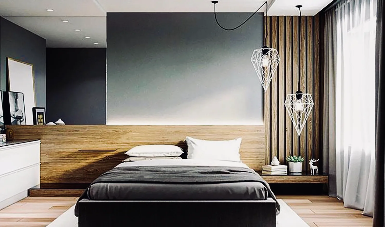 A bedroom with a backlit oak headboard and a slatted screen drawn across the window