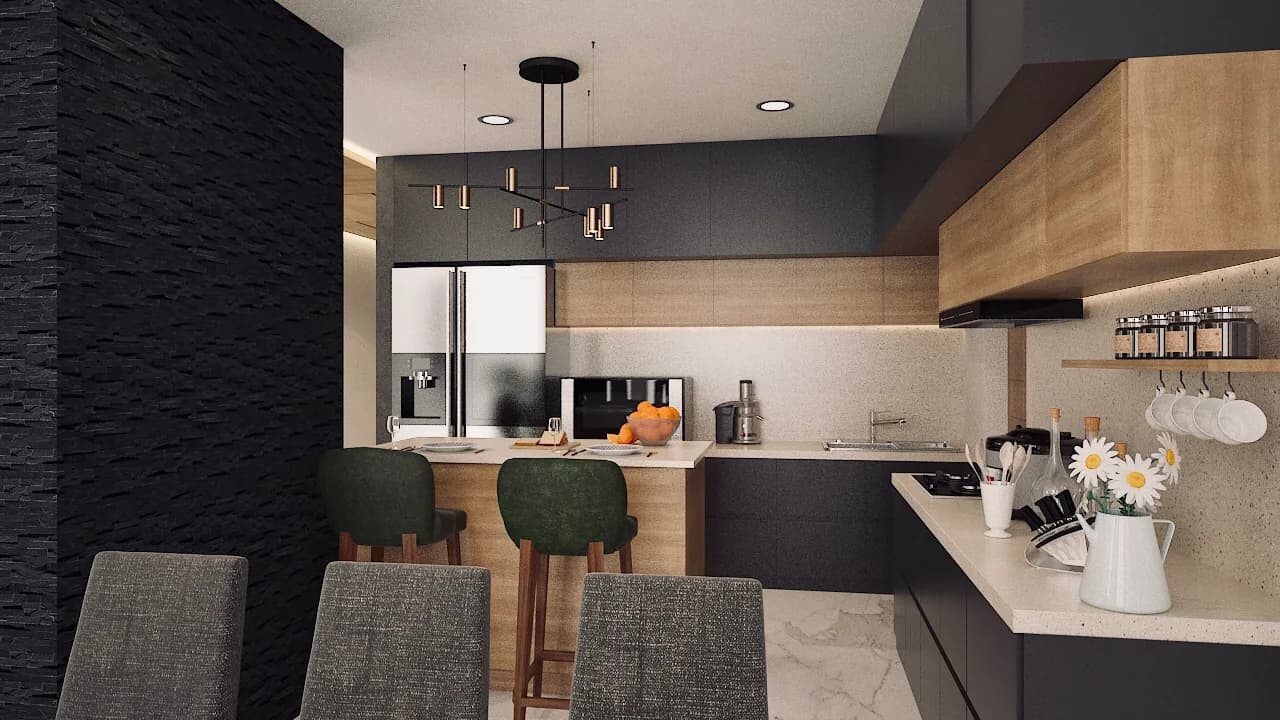 A kitchen in dark cabinetry and oak, with two stools at a breakfast bar