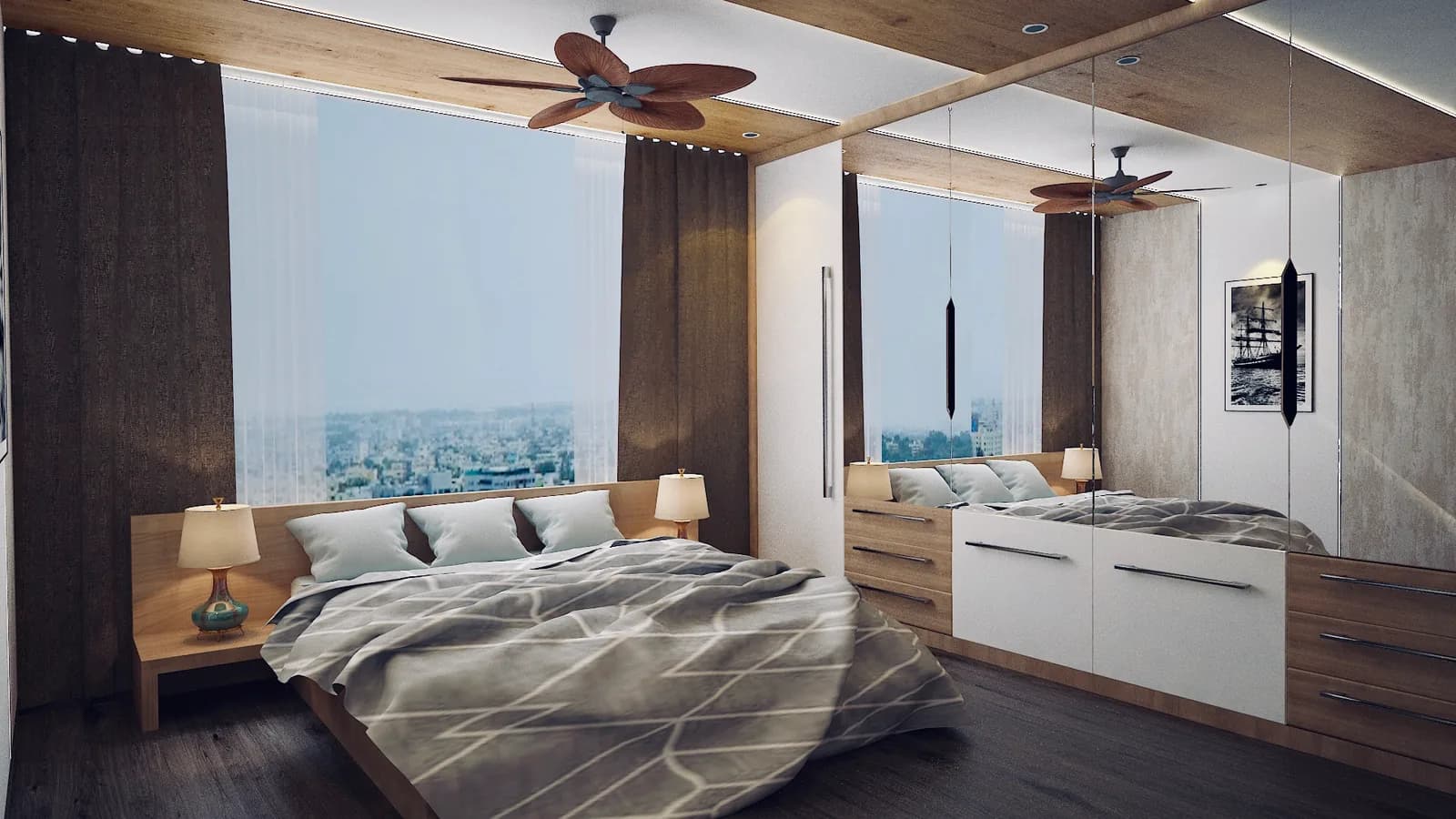 A bedroom with a timber-lined ceiling and glazing onto a city outlook