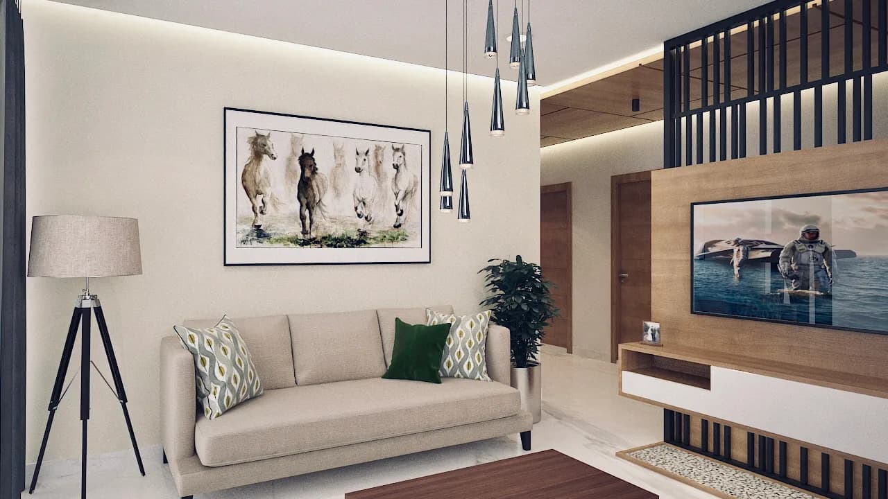 A living room with a low sofa below a framed artwork, an oak entry hall beyond