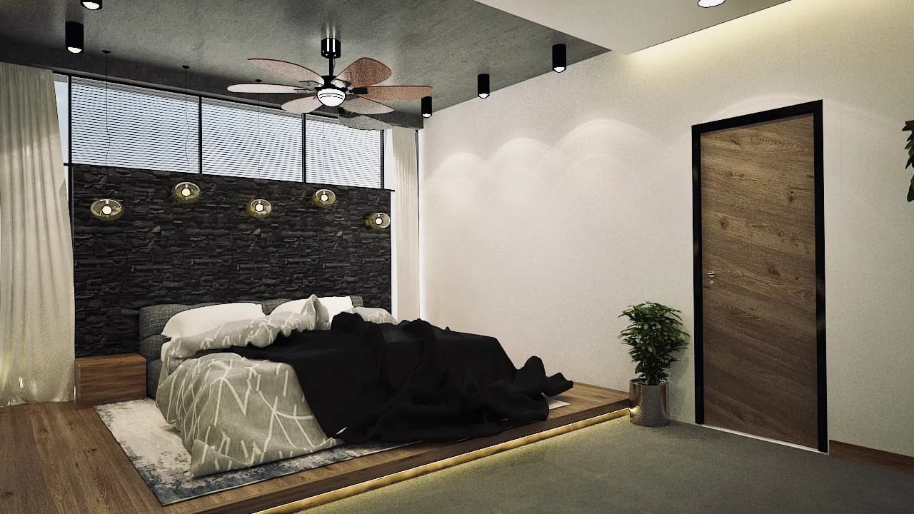 A bedroom with a dark stone head wall below a run of small pendant lights