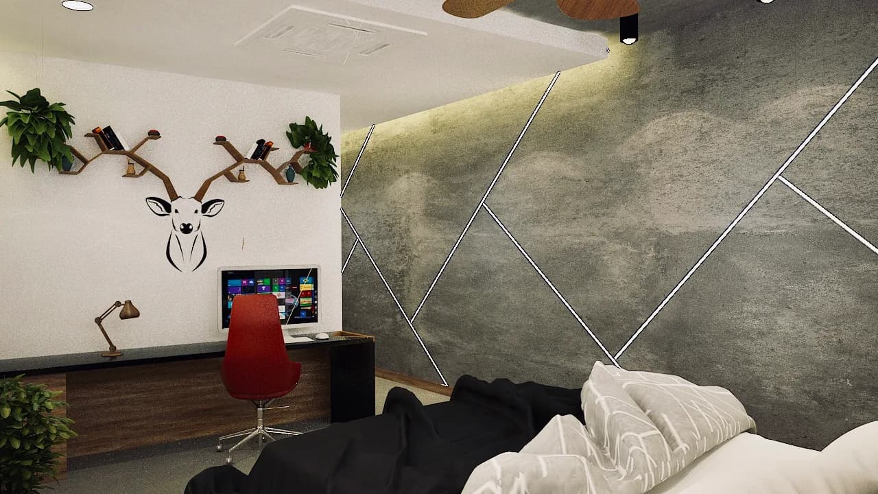 A living room with a textured stone wall, a timber-clad ceiling and a low dark sofa