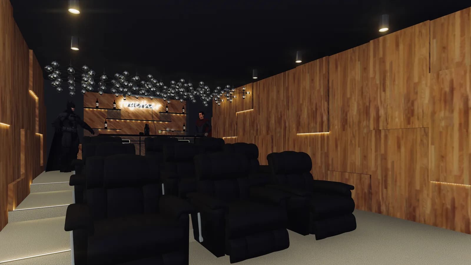 A home cinema with rows of recliners beneath a starlit ceiling and timber walls