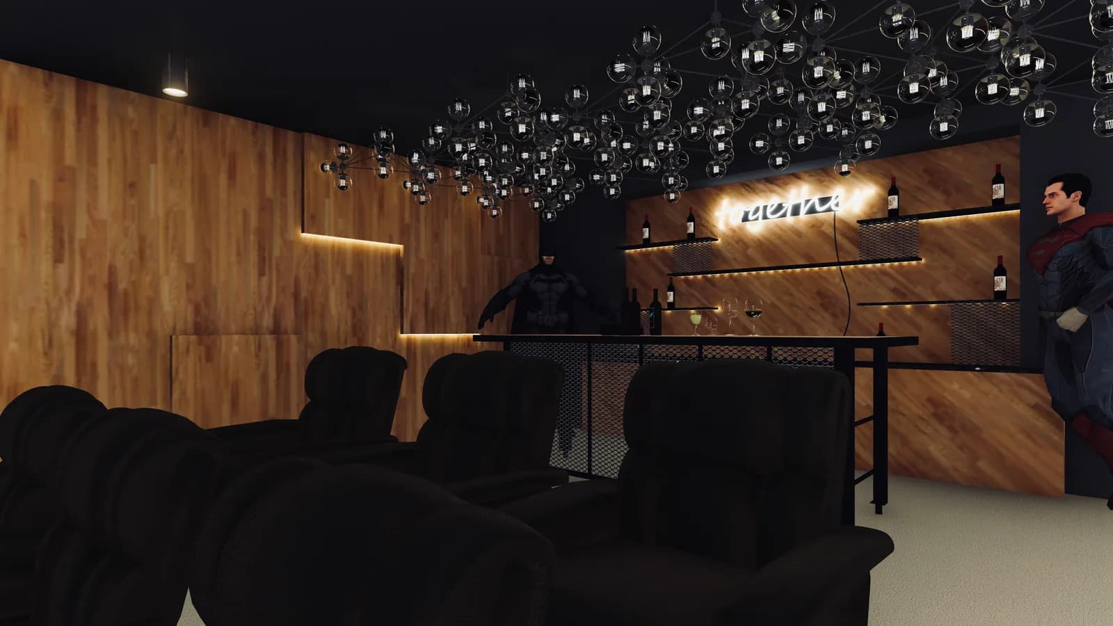 A home cinema with a bar counter at the back of the room