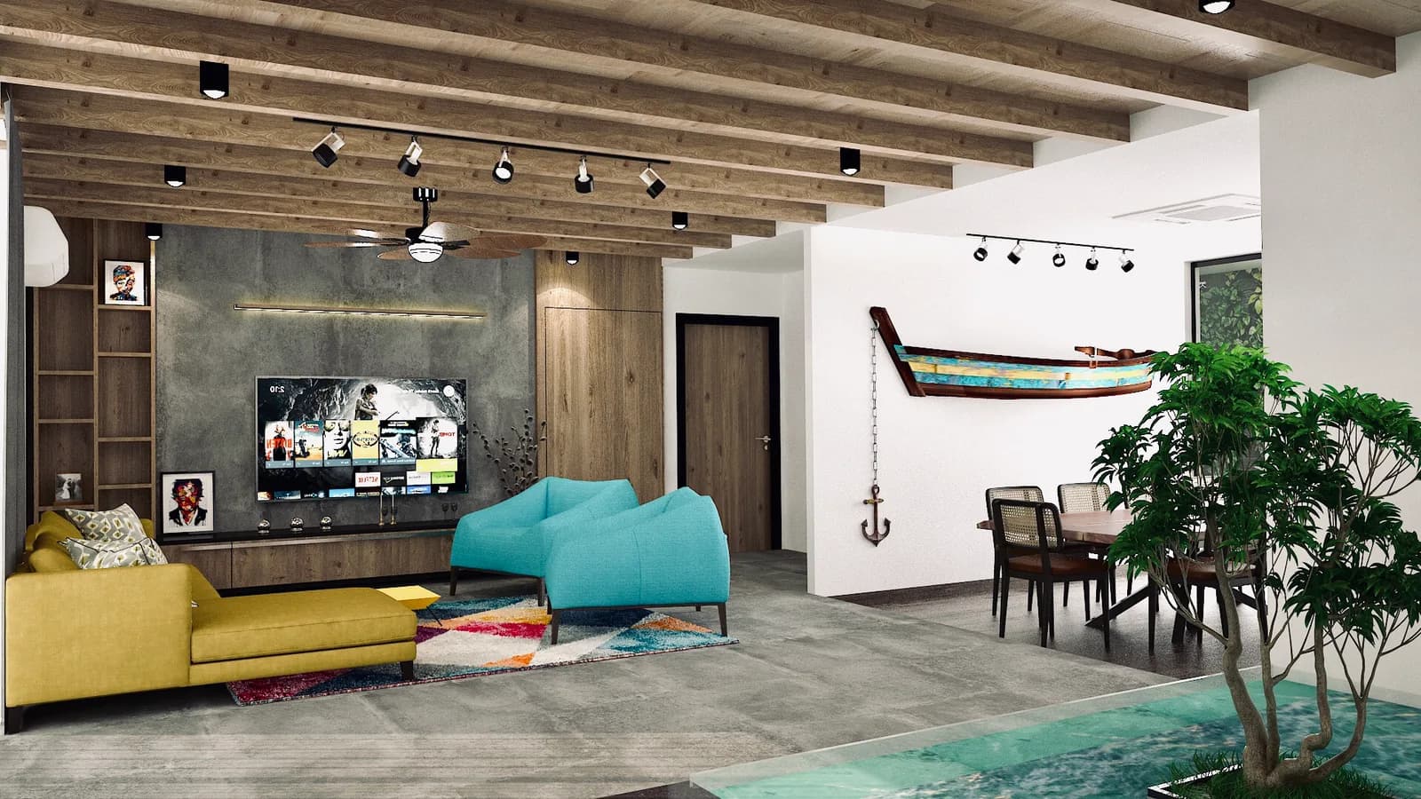 A living room with a hammock slung by the window, turquoise seating and planting