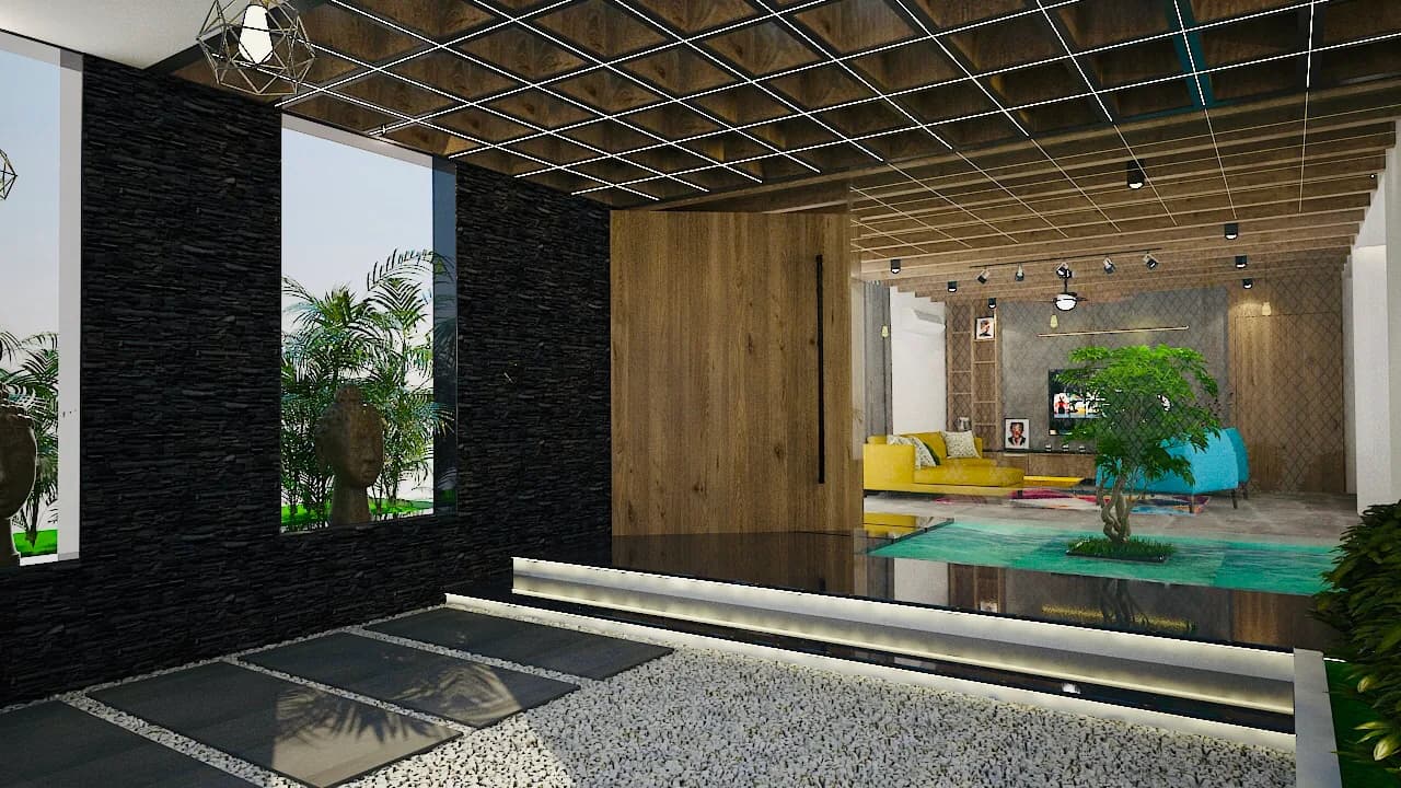 An indoor water court with planting, stone walls and a coffered ceiling