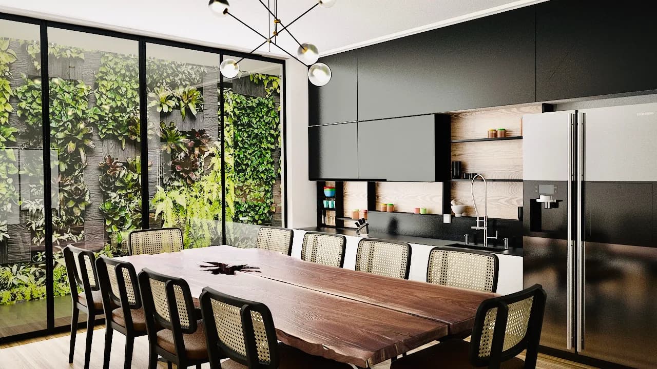 A live-edge timber dining table and cane chairs against a planted green wall