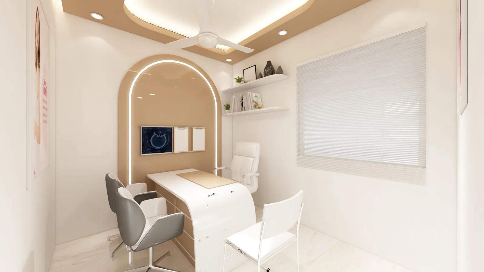 A consulting room with a backlit arched niche behind a white desk