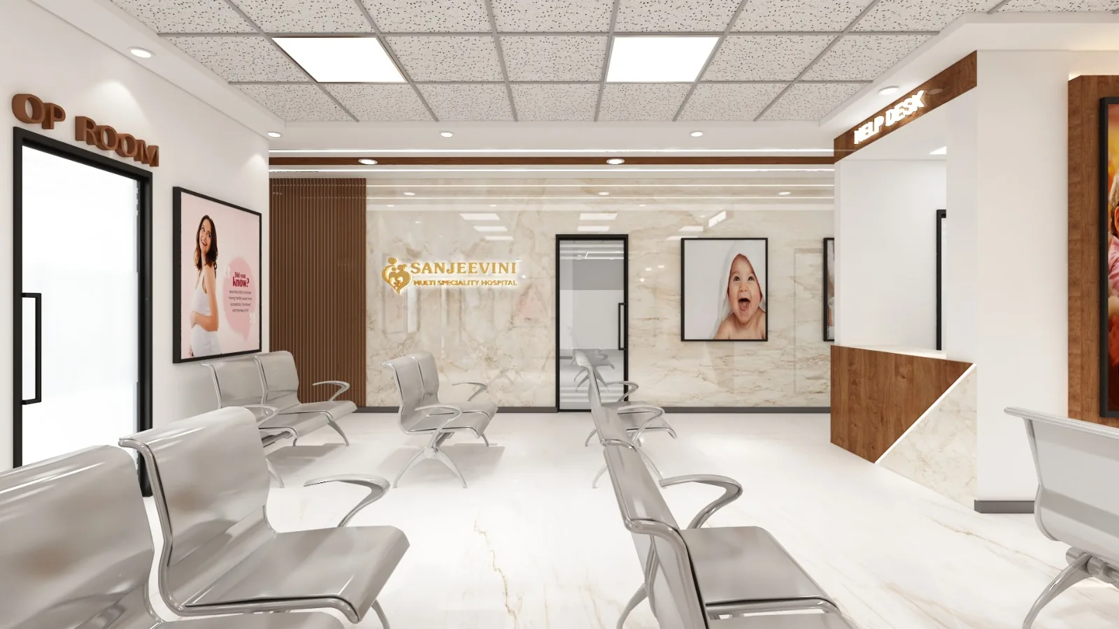 A waiting room of steel-framed chairs below the hospital sign on a travertine wall