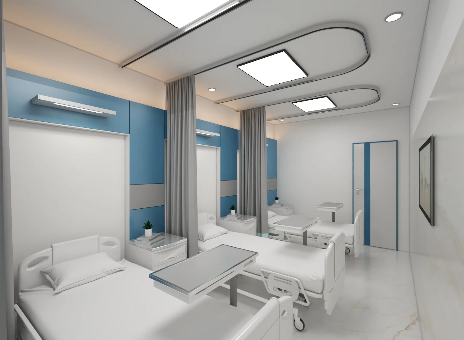 A patient room in blue and white with beds below a curved ceiling detail