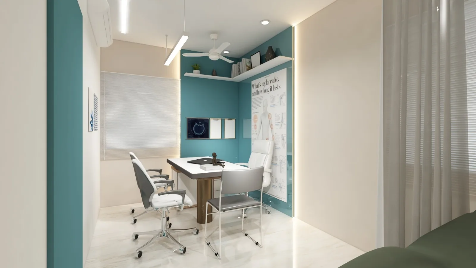 A consulting desk and white chairs against a teal wall hung with anatomical charts