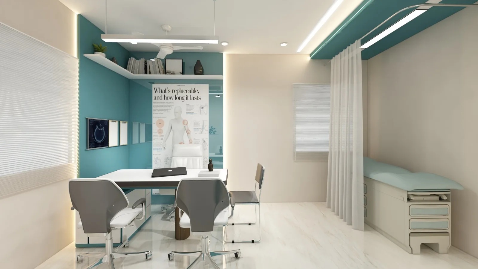 A consulting room with a teal wall, desk and examination couch behind a curtain