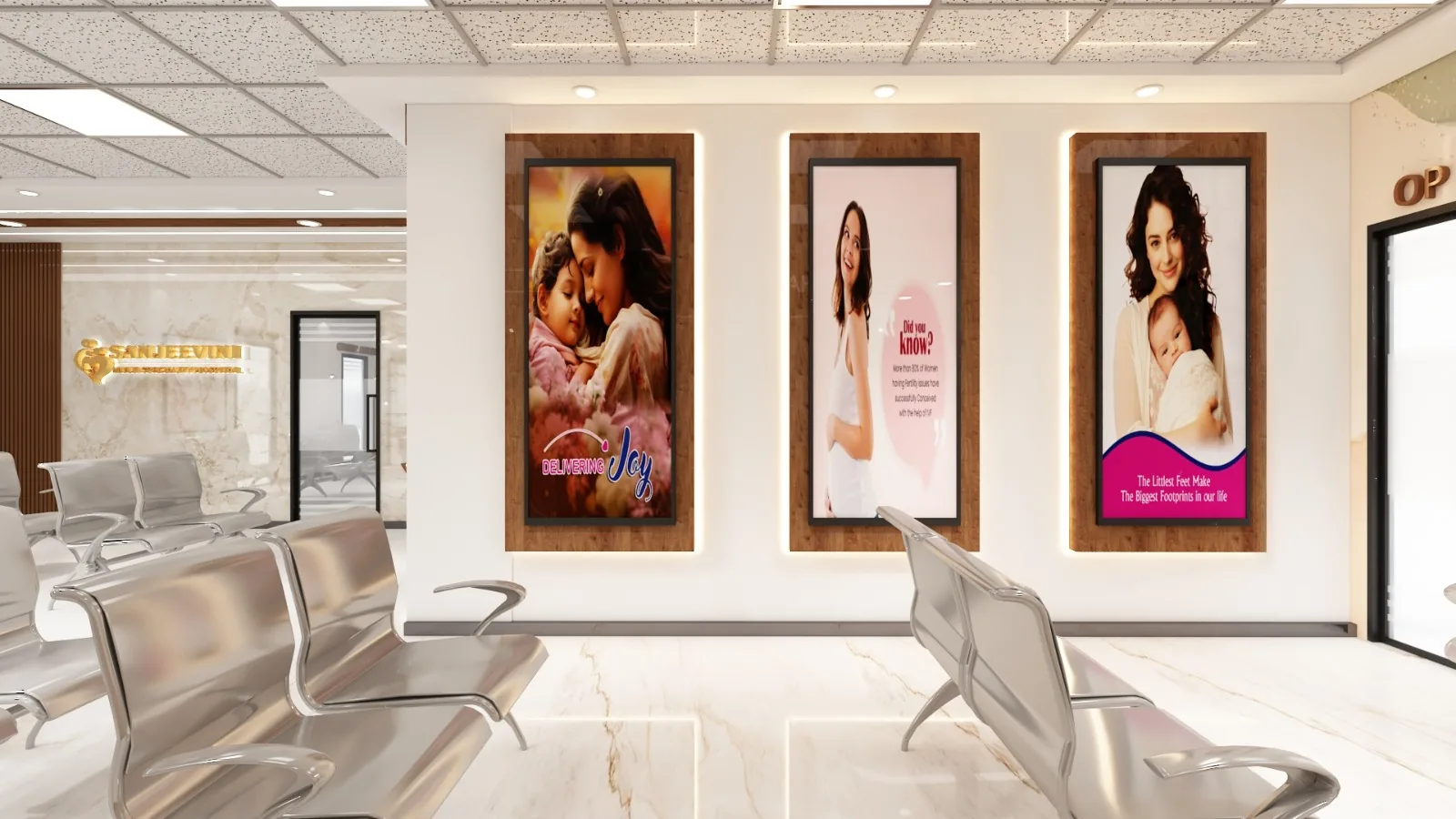 An outpatient waiting area with framed health posters above linked seating